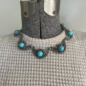 Vintage 70s articulated collar necklace w/faux turquoise and silver-tone setting